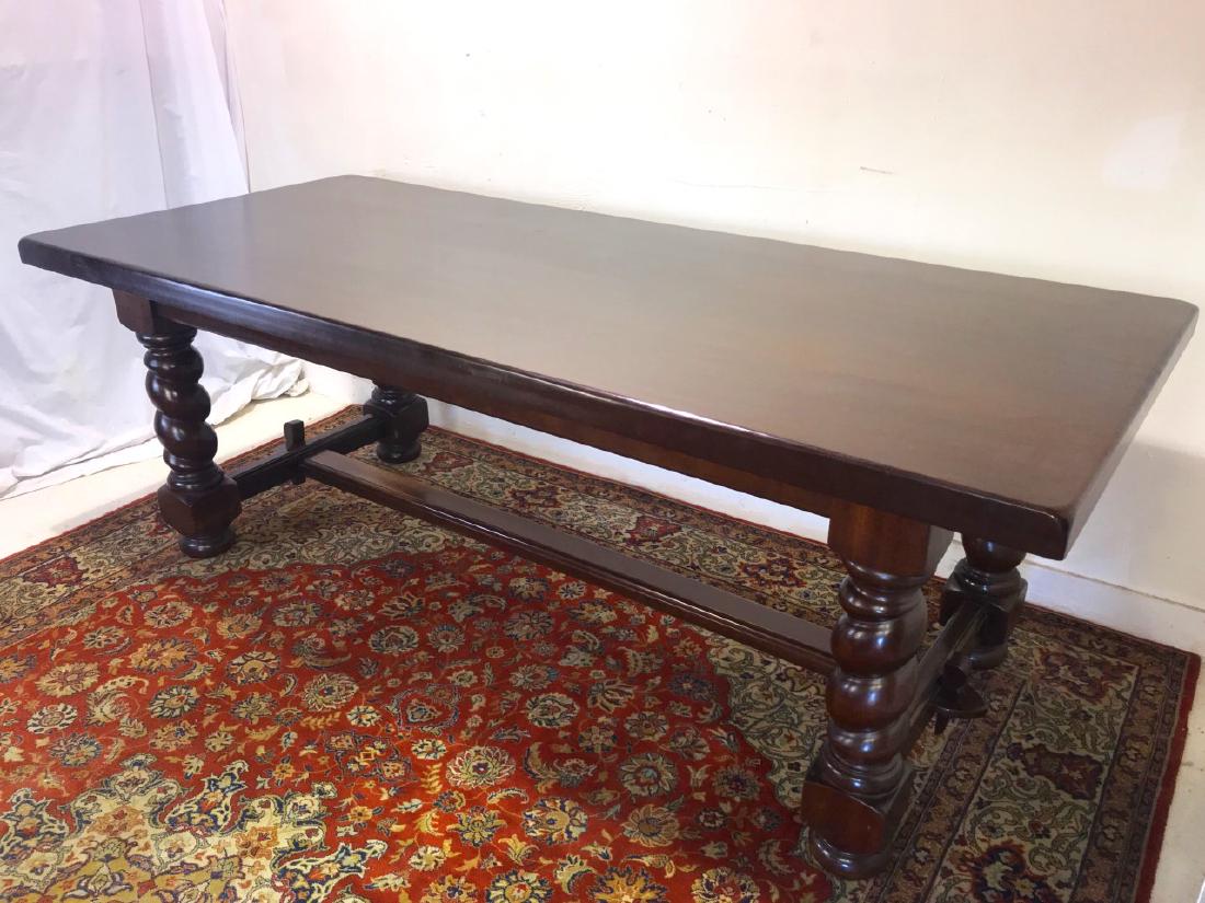 LOUIS XIII STYLE WALNUT REFECTORY TABLE: LOUIS XIII STYLE WALNUT REFECTORY TABLE HAVING BARLEY TWIST LEGS AND "H" STRETCHER WITH WOODEN PINS; 31"H X 86.5"W X 37.5"D