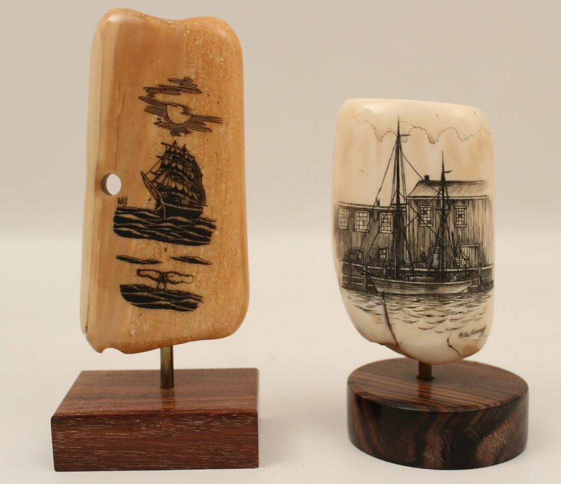 2 SIGNED PIECES OF SCRIMSHAW: 2 SIGNED PIECES OF SCRIMSHAW, ONE DEPICTING SHIP AT SEA WITH WHALE'S TALE BREACHING IN FOREGROUND, THE OTHER WITH SHIP MOORED IN THE HARBOR, ONE SIGNED PETER KINNEY, THE OTHER LACEY?; 5" AND 6.5" HEIG