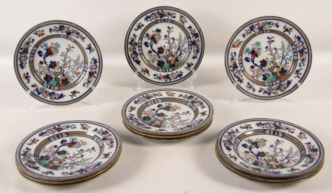 12 ENGLISH IRONSTONE PLATES: SET OF 12 ENGLISH FLOW BLUE AND IMARI PALETTE IRONSTONE PLATES MARKED ON REVERSE WITH CROWN AND WREATH DRESDEN PR & H; 10.25"H