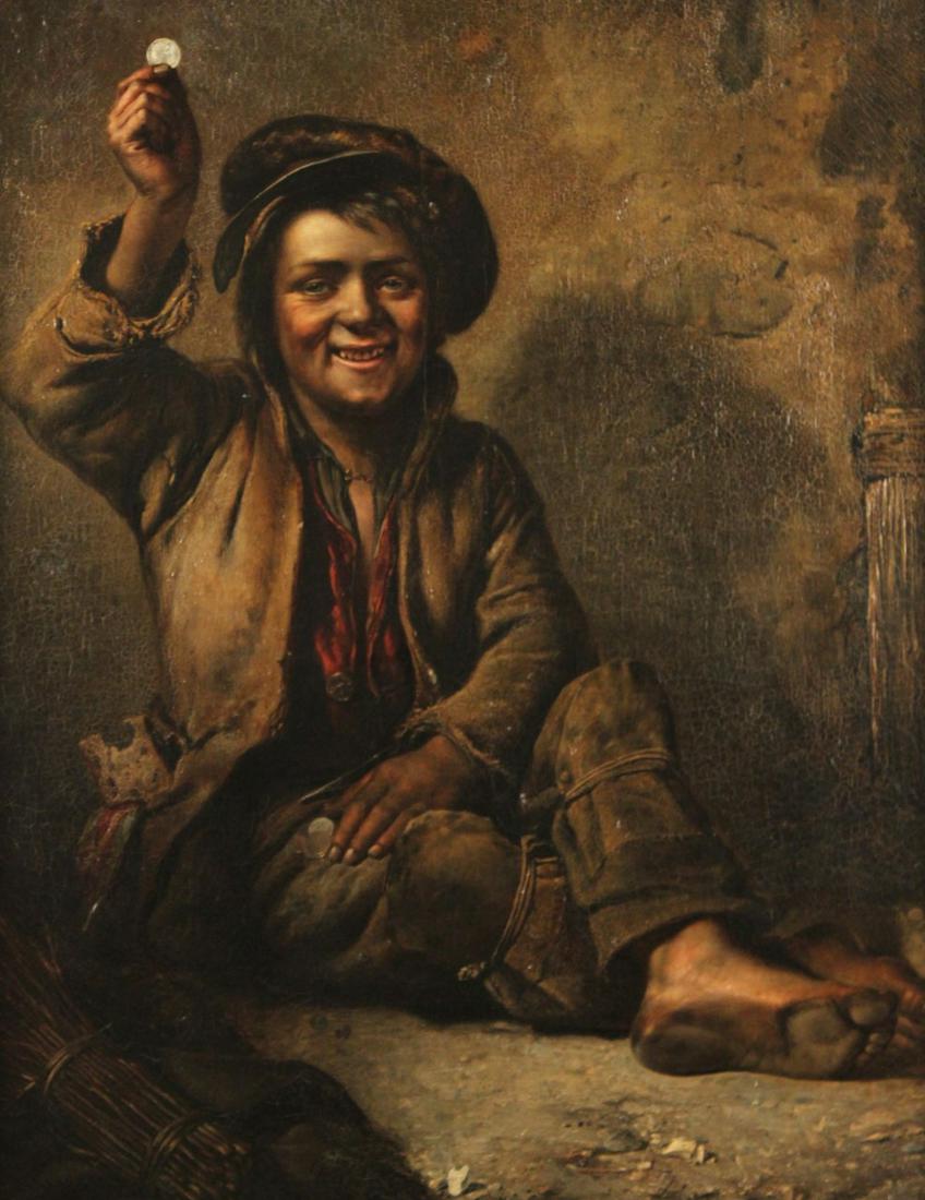 19TH C. O/C MANNER OF JOHN GEORGE BROWN: MANNER OF JOHN GEORGE BROWN (AMERICAN, 1831-1913) OIL ON CANVAS OF YOUNG STREET URCHIN RELISHING HIS COLLECTION OF COIN, 19TH CENTURY; OVERALL 45.5"H 36"W VISIBLE 38"H 29.25"W; CONDITION: MODERATE CRA