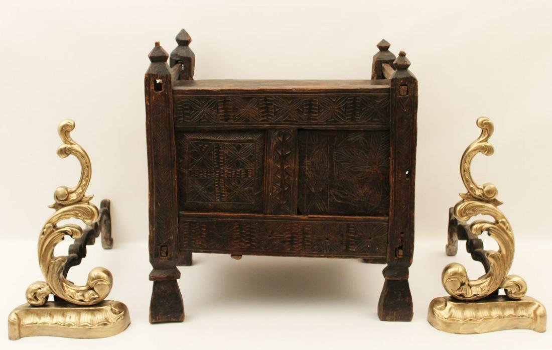 3 PC.; FRENCH PANTIERE AND PR. ANDIRONS: 3 PIECE MISC. LOT CONSISTING OF AN EARLY FRENCH PANTIERE HAVING MORTICE CONSTRUCTION AND SLIDING PANELS WITH MORISH INFLUENCED CARVING; ALONG WITH A PAIR OF BRONZE GOLD GILDED "C" SCROLL FORMED ANDIRO