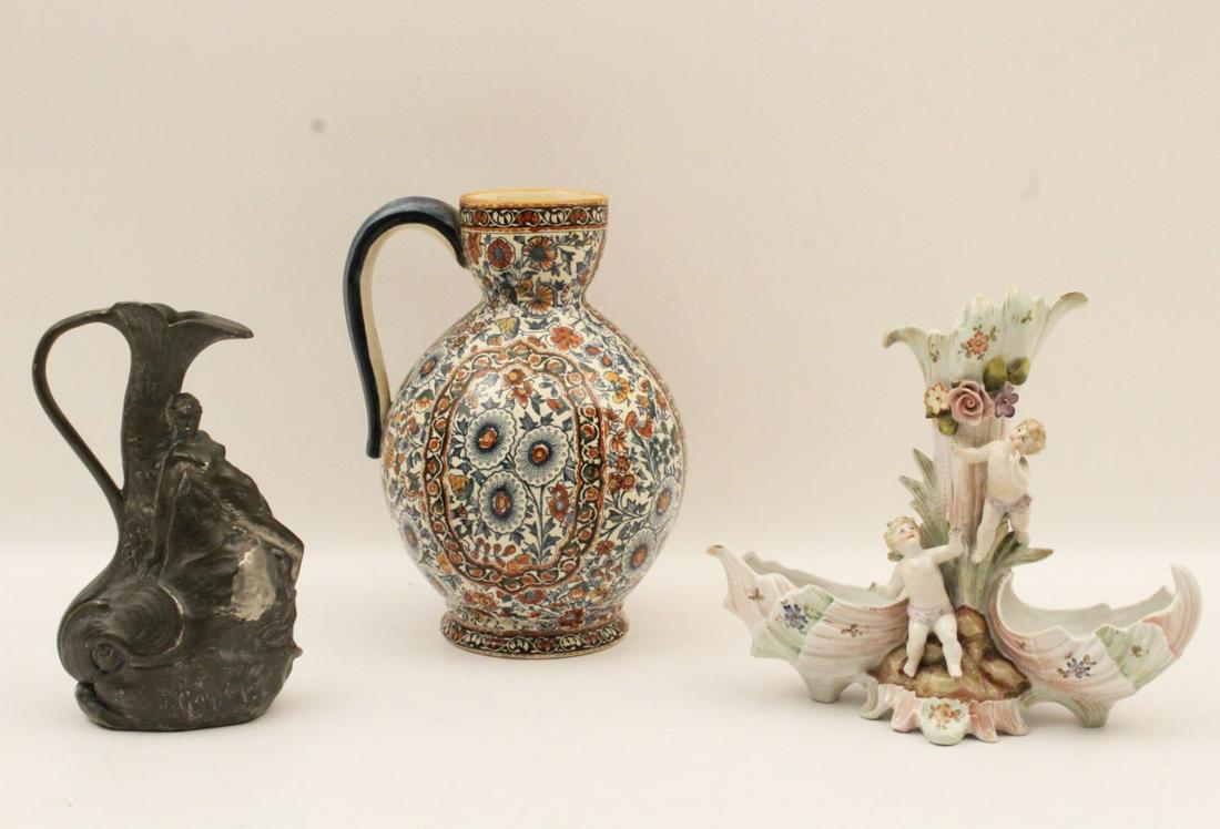 3 PC. MISC. LOT INCLUDING GIEN WARE: 3 PIECE MISCELLANEOUS LOT CONSISTING OF A FRENCH GIEN PORCELAIN PITCHER MARKED UNDERNEATH IN BLACK INITIALS AND FRANCE, AN ART NOVEAU METAL PITCHER SIGNED J. GARNIER, AND SAXONY GERMAN PORCELAIN TRIFO