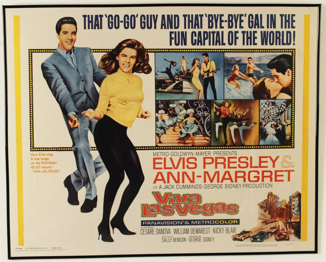 ELVIS PRESLEY - VIVA LAS VEGAS, MOVIE POSTER: ELVIS PRESLEY AND ANN MARGARET IN "VIVA LAS VEGAS" MOVIE POSTER (MGM 1964), MOUNTED IN FRAME; 27.25"H X 33.5"W
