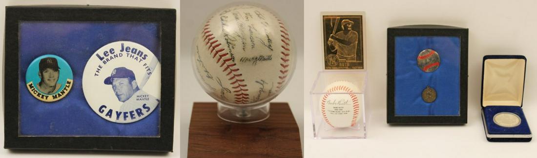 1955 NEW YORK YANKEES: 1955 NEW YORK YANKEES TEAM SIGNED BASEBALL INCLUDING NOTEWORTHY PLAYERS SUCH AS MICKEY MANTLE, YOGI BERRA, PHIL RIZZUTO, AND OTHERS, ALONG WITH 2 MICKEY MANTLE PINS AND 5 BABE RUTH COLLECTOR ITEMS