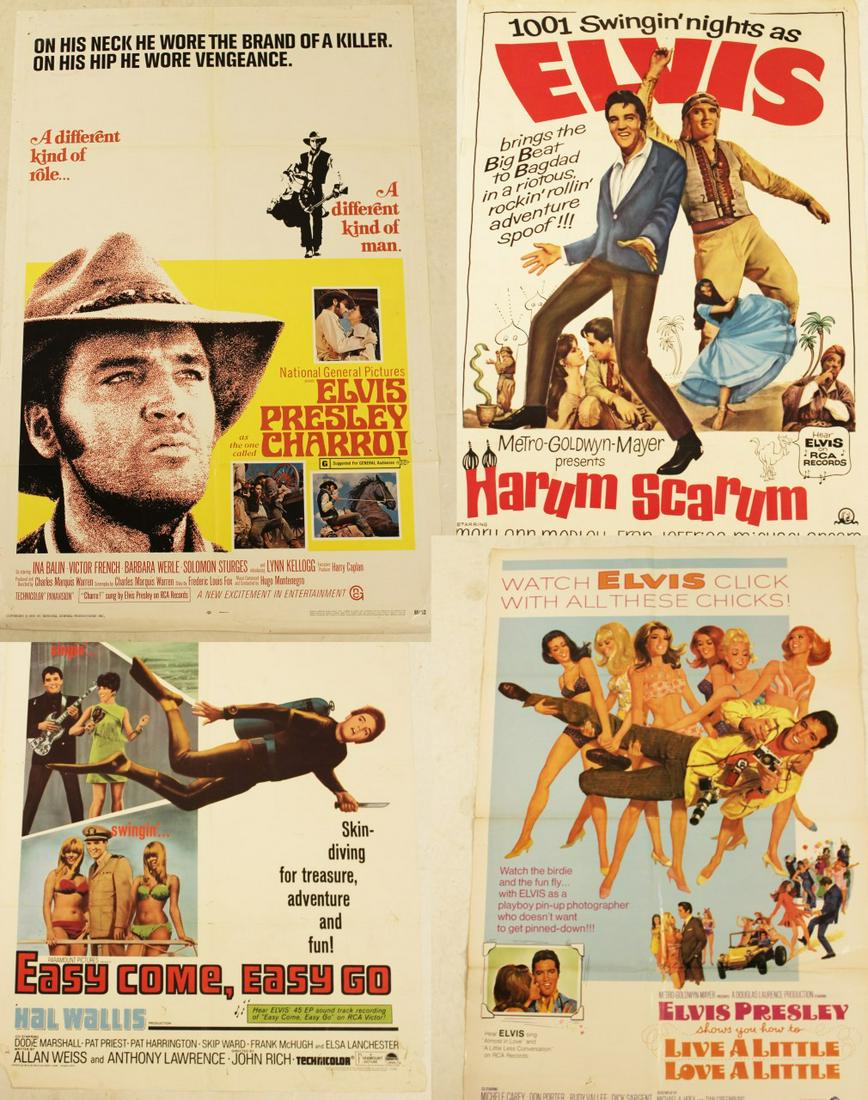 4 ELVIS PRESLEY MOVIE POSTERS: GROUP OF 4 ELVIS PRESLEY MOVIE POSTERS INCLUDING "HARUM SCARUM" (METRO GOLDWYN MEYER, 1965) "LIVE A LITTLE, LOVE A LITTLE" (MGM, 1968) "ELVIS PRESLEY AS THE ONE CALLED CHARRO" (NATIONAL GENERAL PICTUR
