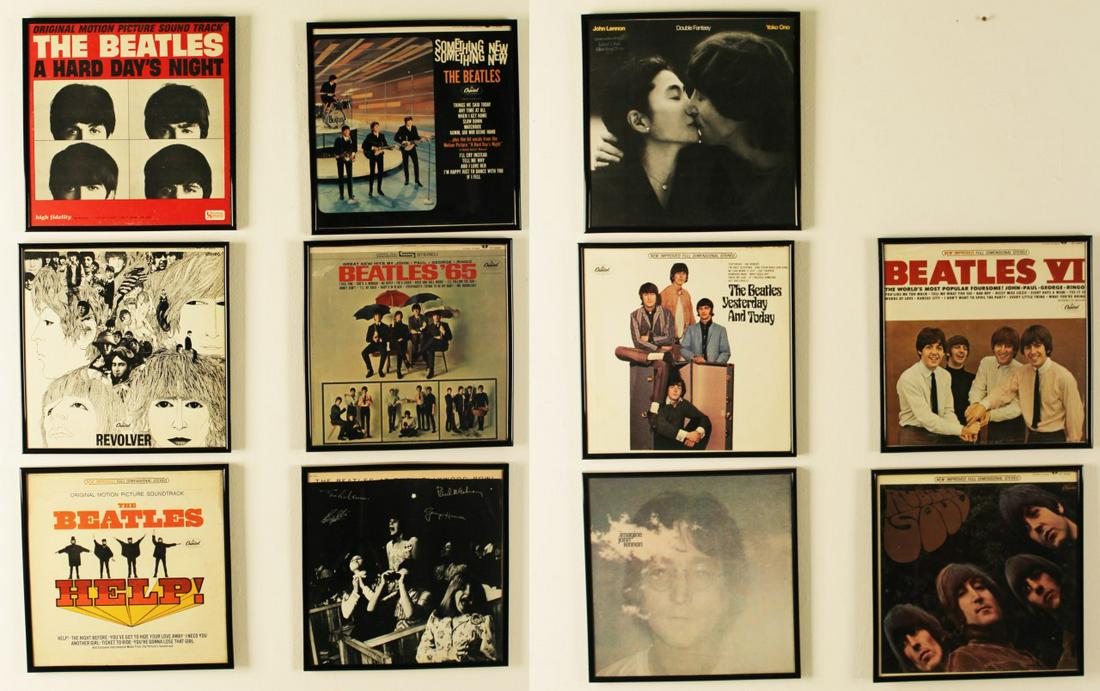THE BEATLES RECORD COLLECTION: THE BEATLES - COLLECTION OF 11 FRAMED 33 RECORDS INCLUDING "A DAYS HARD NIGHT" "SOMETHING NEW" "REVOLVER" "BEATLES '65" "HELP" "RUBBER SOUL" AND OTHERS; RECORDS AND SLEEVES MEASURE 12" X 12"; ALONG WI