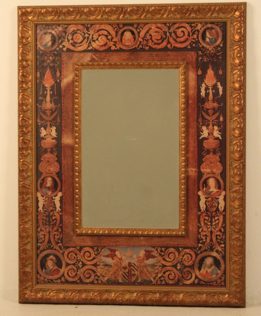 DECORATIVE ITALIAN RENAISSANCE STYLE MIRROR: DECORATIVE ITALIAN RENAISSANCE STYLE MIRROR HAVING VIGNETTES OF THE CHRIST AND OTHER SAINTS, ALONG WITH CHERUBS AND WINGED ANGELS, 20TH C.; 43.5"H X 33.5"W