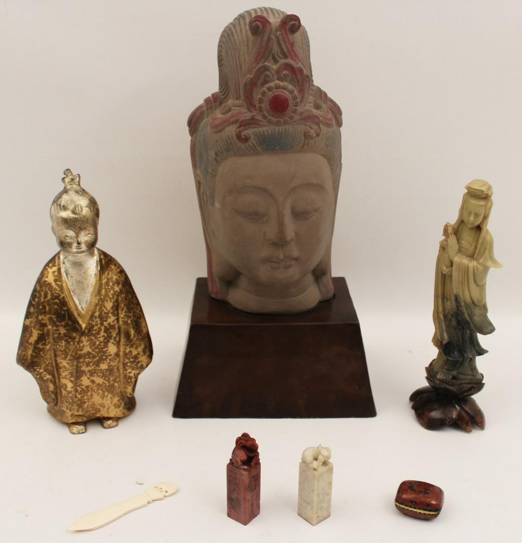 6 PIECE MISC. LOT OF ORIENTALIA: 6 PIECE MISC. LOT OF ORIENTALIA CONSISTING OF A TERRA COTTA BUST ON STAND, SOAPSTONE QUANYIN FIGURE, VARIEGATED GOLD AND SILVER LEAF METAL FIGURE OF YOUNG BOY, 2 CHINESE WAX SEALS, AND ENAMEL BOX; 15.