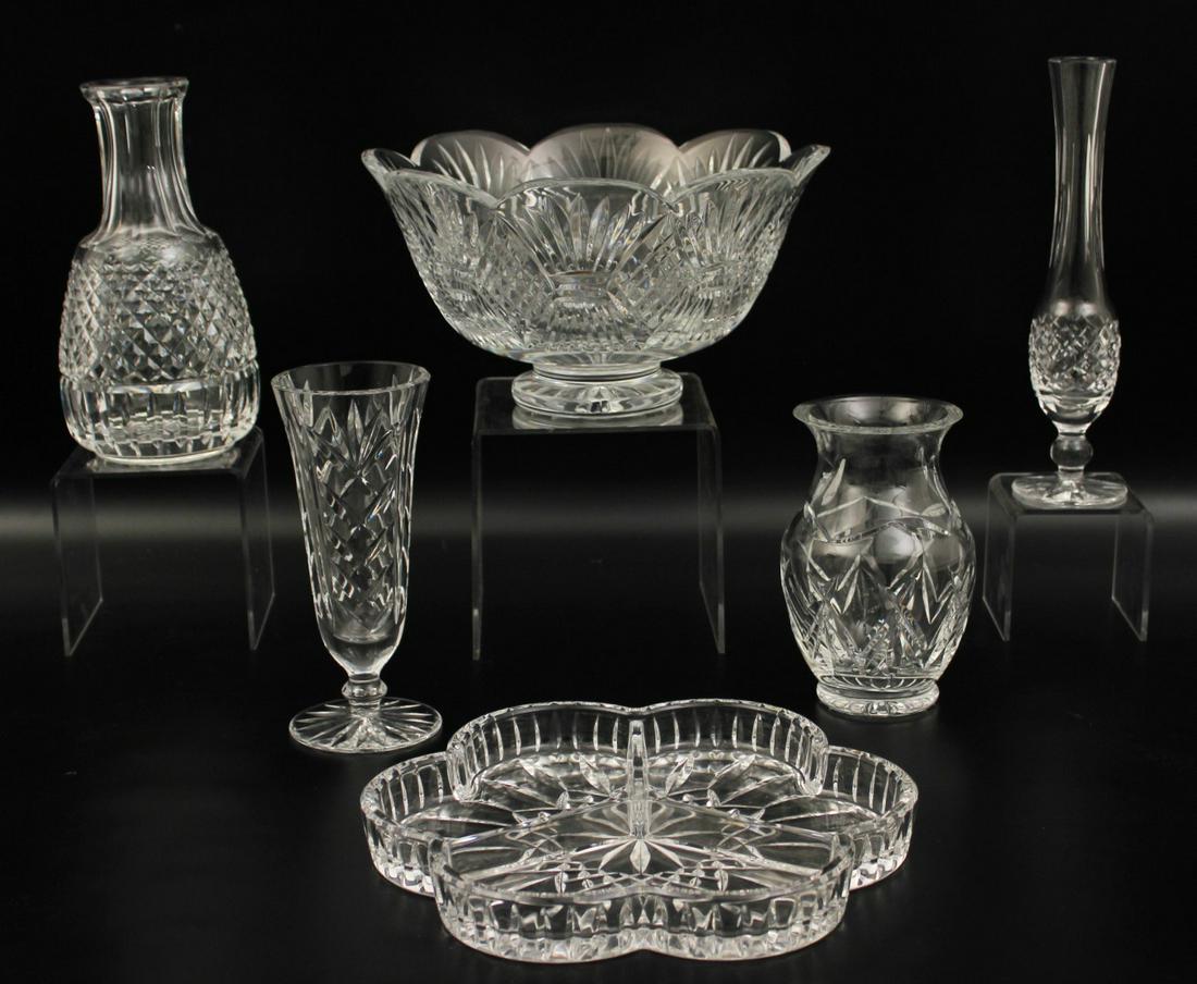 6 PIECE MISC. LOT OF WATERFORD CRYSTAL: 6 PIECE MISC. LOT OF WATERFORD CRYSTAL CONSISTING OF A FOOTED 10" BOWL, 4 VARIOUS VASES, AND A DIVIDED DISH; 5.5"H X 10"D BOWL; PROPERTY OF THE ESTATE OF JIM AND JO WEBB, CLEVELAND, TN