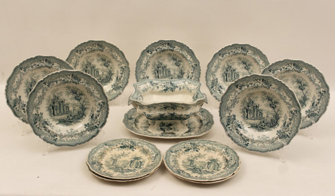 13 PIECE MISC. LOT OF PALE GREEN ENGLISH TRANSFER WARE: 13 PIECE MISC. LOT OF PALE GREEN ENGLISH TRANSFER WARE MARKED "ANCIENT RUINS" IN REVERSE UNDERGLAZE CONSISTING OF OPEN FOOTED TUREEN, 7- 10.5" BOWLS, PLATTER AND 4 SALAD PLATES