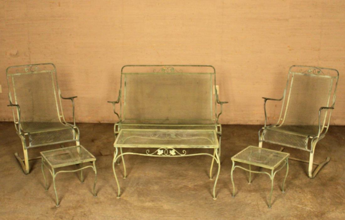 6 PIECE MISC. LOT OF OUTDOOR IRON FURNITURE: 6 PIECE MISC. LOT OF OUTDOOR IRON FURNITURE; SETTEE, 2 ROCKERS, COFFEE, AND 2 END TABLES; 34.5"H X 47"W X 27"D SETTEE