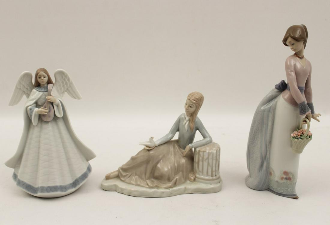 GROUP OF 3 LLADRO PORCELAIN FIGURES: GROUP OF 3 LLADRO PORCELAIN FIGURES INCLUDING "ANGELIC MELODY" "BASKET OF LOVE", BOTH WITH ORIGINAL BOXES, ALONG WITH FIGURE OF RECLINING YOUNG BEAUTY HOLDING DOVE; TALLEST 10"H