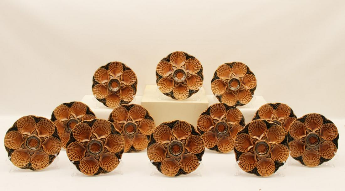 12 PIECE FRENCH FAIENCE OYSTER SERVICE; SARREGUEMINES,: 12 PIECE FRENCH FAIENCE OYSTER SERVICE MARKED ON REVERSE SARREGUEMINES, FRANCE; 9.5"