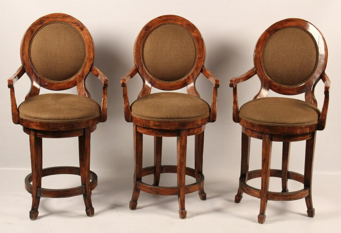 GROUP OF 3 LORTZ DISTRESSED FINISH SWIVEL BAR STOOLS: GROUP OF 3 LORTZ DISTRESSED FINISH SWIVEL BAR STOOLS; 45"H X 22"W X 20"D