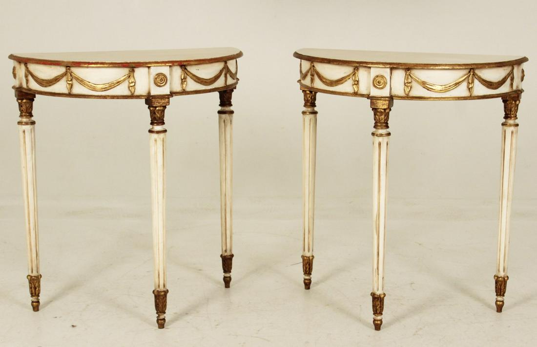 PR. OF POLYCHROME LOUIS XVI DESIGN CONSOLE TABLES: PAIR OF POLYCHROME AND GOLD GILT HIGHLIGHTED LOUIS XVI DESIGN DEMI-LUNE CONSOLE TABLES; 34"H X 30"W X 15.5"D; PROPERTY OF THE ESTATE OF JIM AND JO WEBB, CLEVELAND, TN