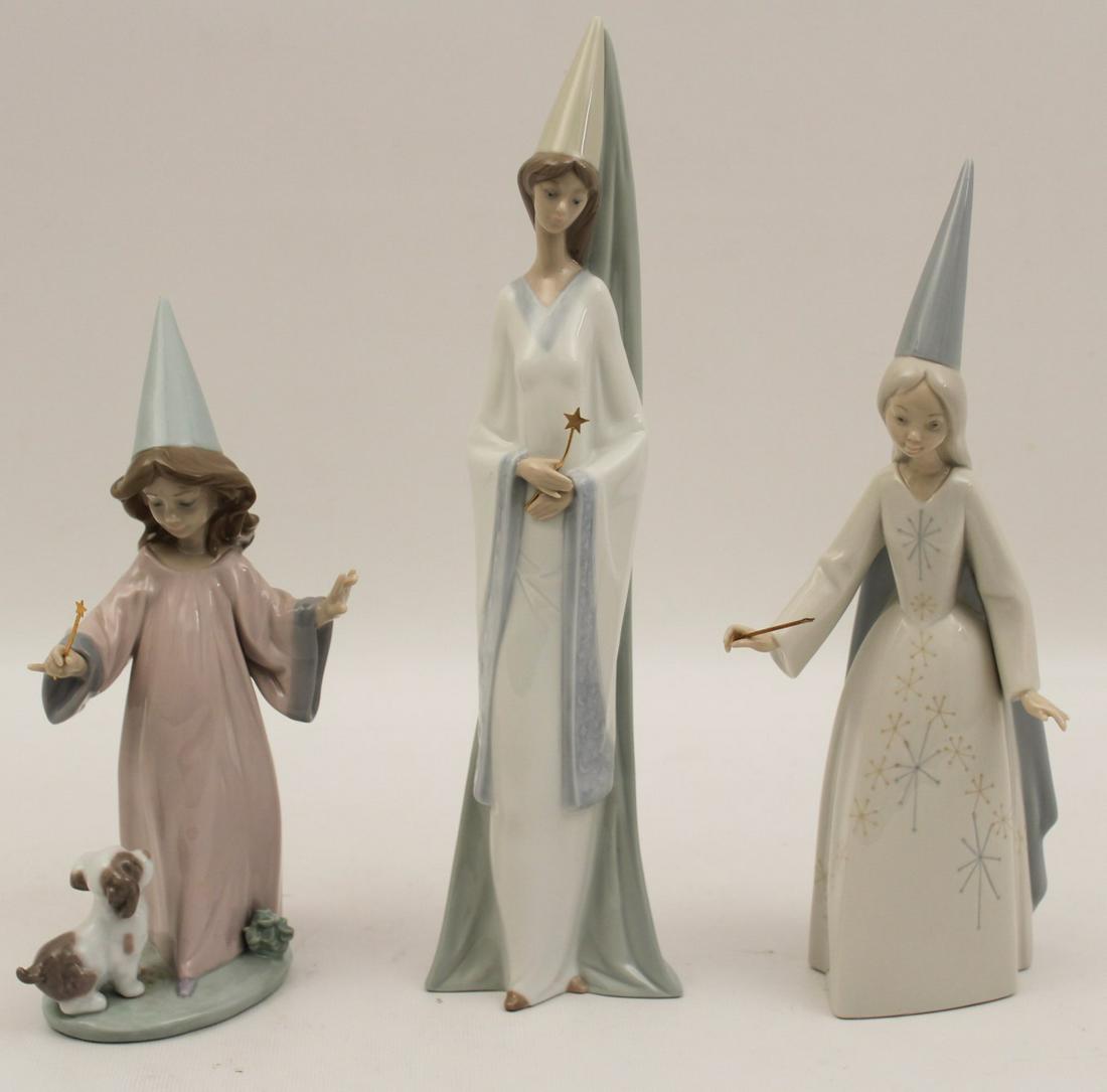 3 MISCELLANEOUS LLADRO PORCELAIN FIGURES: 3 MISCELLANEOUS LLADRO PORCELAIN FIGURES OF LADIES AND GIRL WITH DOG, ALL HOLDING GOLD WANDS; 12"H TALLEST; PROPERTY OF THE ESTATE OF JIM AND JO WEBB, CLEVELAND, TN