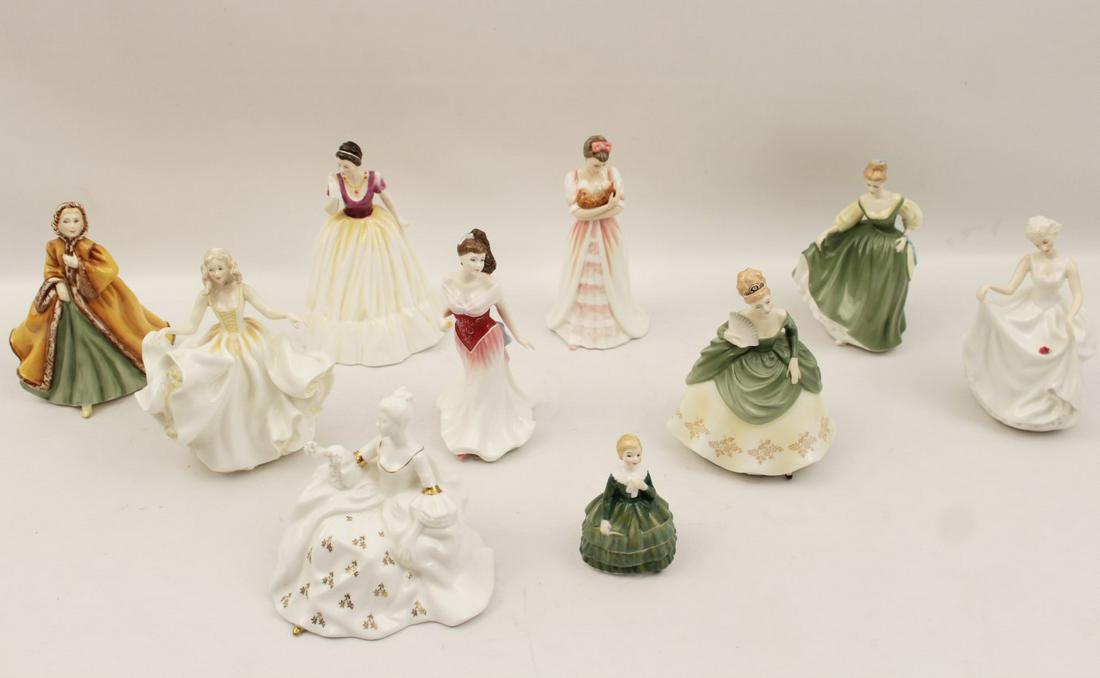 MISC. LOT OF 10 ROYAL DOULTON PORCELAIN FIGURES: MISC. LOT OF 10 ROYAL DOULTON PORCELAIN FIGURES OF VARIOUS FEMALE FIGURES; 8.5"H TALLEST; PROPERTY OF THE ESTATE OF JIM AND JO WEBB, CLEVELAND, TN