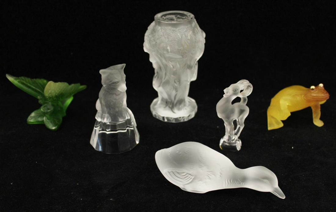 6 PIECE MISC. LOT OF EUROPEAN GLASS: 6 PIECE MISC. LOT OF EUROPEAN GLASS INCLUDING ART GLASS VASE DEPICTING FEMALE NUDES SIGNED DESNA, LALIQUE FROG AND BUTTERFLY, BACARRATT DUCK AND MOUNTAIN GOAT, ALONG WITH FOX (UNSIGNED); 5"H TALLEST; 