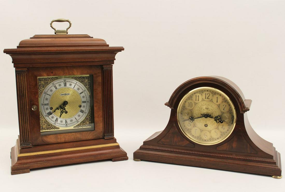 2 AMERICAN SHELF CLOCKS, ONE BY SLIGH, THE OTHER HOWARD: 2 AMERICAN SHELF CLOCKS, ONE BY SLIGH, THE OTHER HOWARD MILLER, BOTH HAVING ENGRAVED AND EMBOSSED BRASS DIALS PLAYING WESTMINSTER CHIMES WITH W. GERMAN MOVEMENTS; 17"H X 14"W X 8"D; PROPERTY OF THE ES