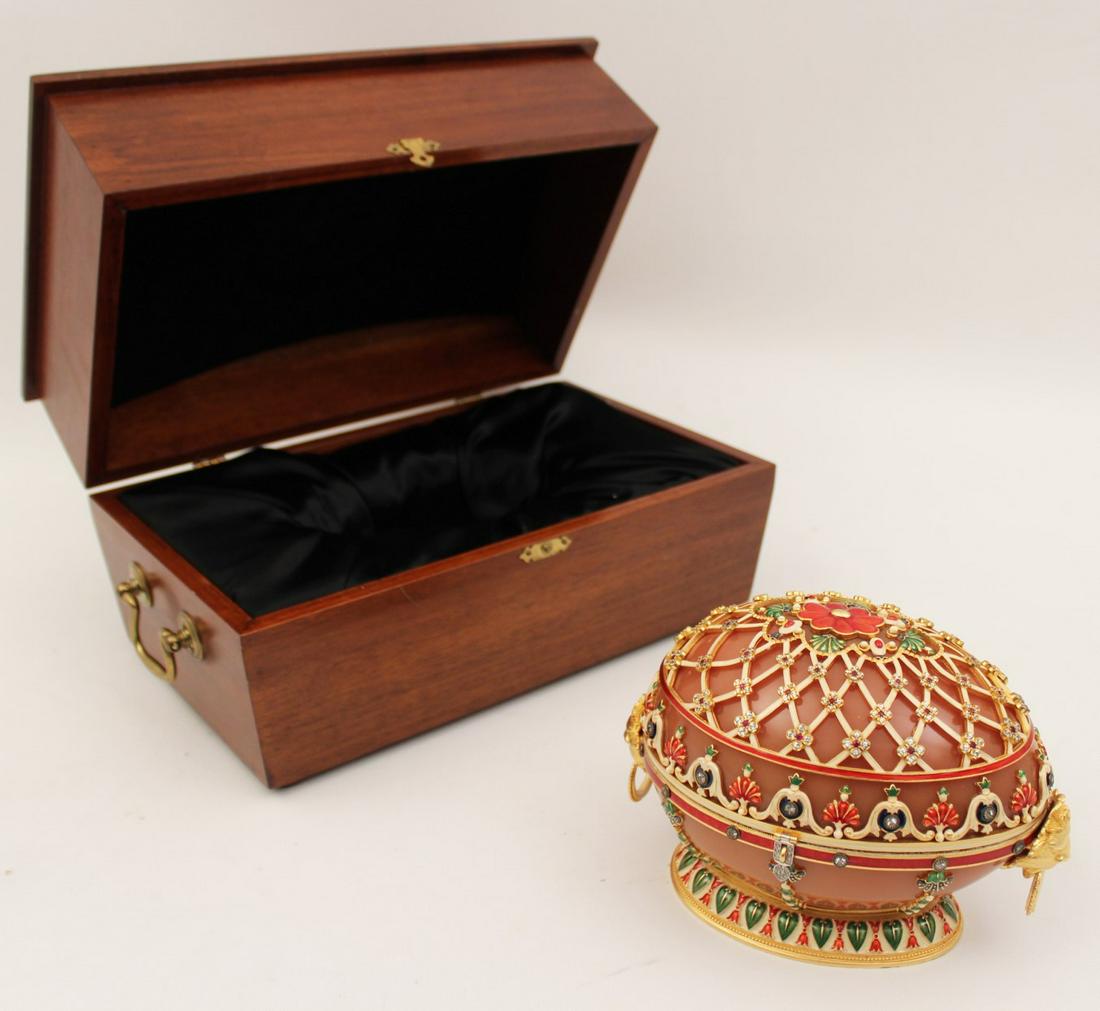 "RENAISSANCE EGG"; FORBES COLLECTION: RENAISSANCE EGG BY VIVIAN ALEXANDER FROM THE FORBES COLLECTION AFTER THE ORIGINAL OWNED BY THE DUCHESS OF MARLBOROUGH; THIS UNUSUALLY LARGE INSPIRED EGG HAS ENAMEL VINES AND CRYSTAL PETAL LEAVES AND F