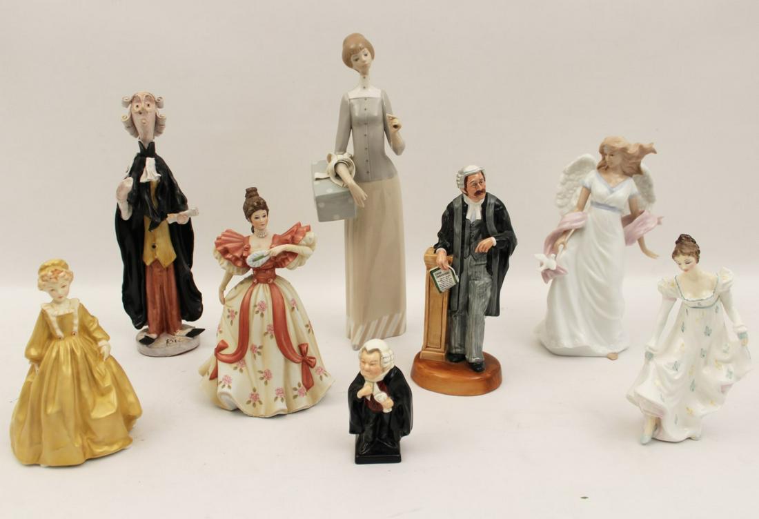 GROUP OF 8 INDIVIDUAL FIGURINES: GROUP OF 8 INDIVIDUAL FIGURINES INCLUDING LLADRO, 4 ROYAL DOULTON, LENOX AND ITALIAN FAEINCE; 13.5"H TALLEST; CONDITION: LLADRO FIGURE'S HEAD HAS BEEN OFF AND REGLUED; PROPERTY OF THE ESTATE OF JIM AN