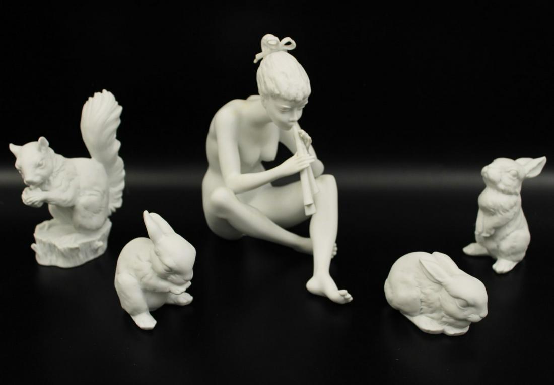 5 PIECE MISC. LOT OF GERMAN KAISER PORCELAIN: 5 PIECE MISC. LOT OF GERMAN KAISER PORCELAIN CONSISTING OF A NUDE GIRL PLAYING FLUTES, ALONG WITH 3 RABBITS AND A SQUIRREL; 7.5"H TALLEST; PROPERTY OF THE ESTATE OF JIM AND JO WEBB, CLEVELAND, TN