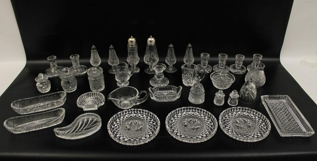 SETTING THE TABLE WITH WATERFORD CYRSTAL; 34 PC.: SETTING THE TABLE WITH WATERFORD CYRSTAL; 34 PIECE MISC. LOT (SEE IMAGE); 7.75"H TALLEST; PROPERTY OF THE ESTATE OF JIM AND JO WEBB, CLEVELAND, TN