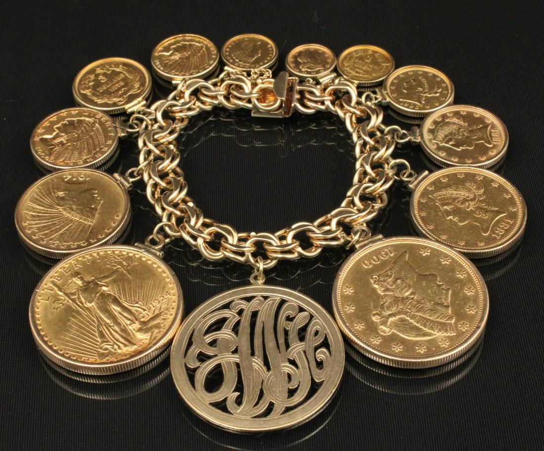 FINE QUALITY 14K Y/G COIN MOUNTED BRACELET;  190.3 GR (1 of 5)