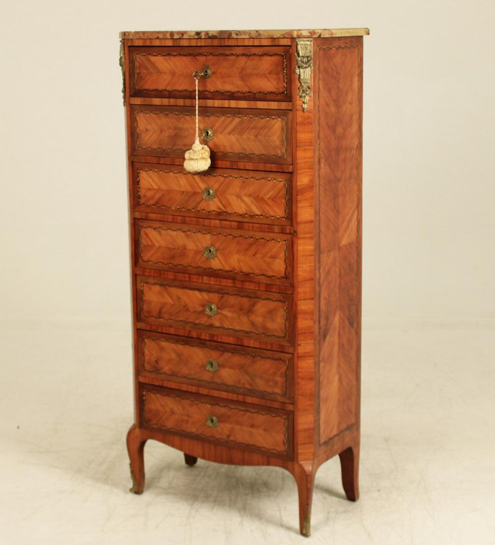 LOUIS XV STYLE INLAID MARBLE TOP SEMAINIER, 19TH C. (1 of 4)