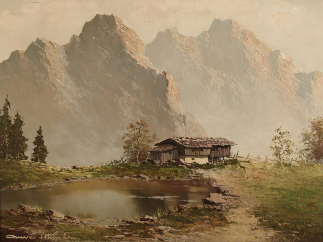 SIGNED OIL ON CANVAS OF RUSTIC CABIN NEAR THE ALPS (1 of 4)