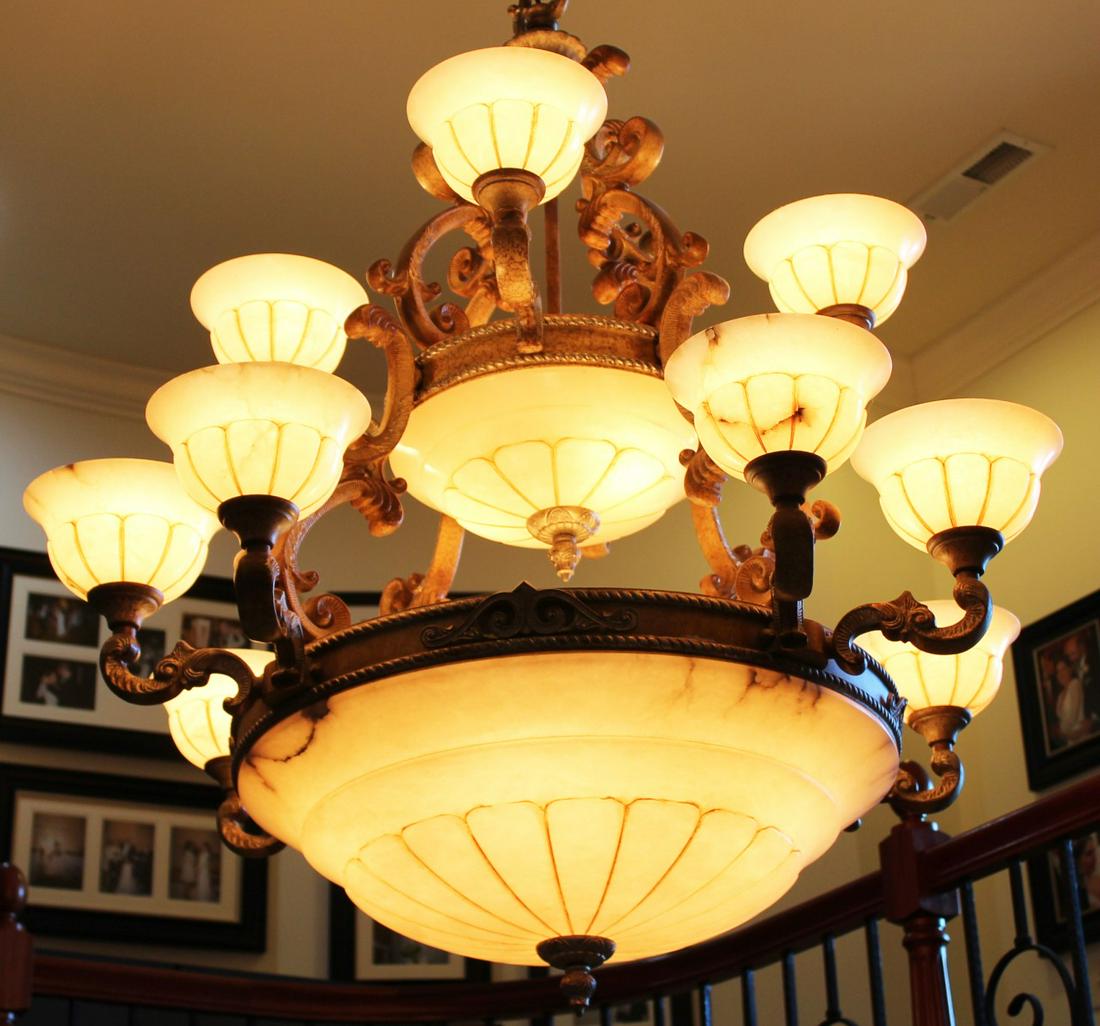 2 TIER GRAND 12 ARM CHANDELIER W/ALABASTER SHADES (1 of 4)