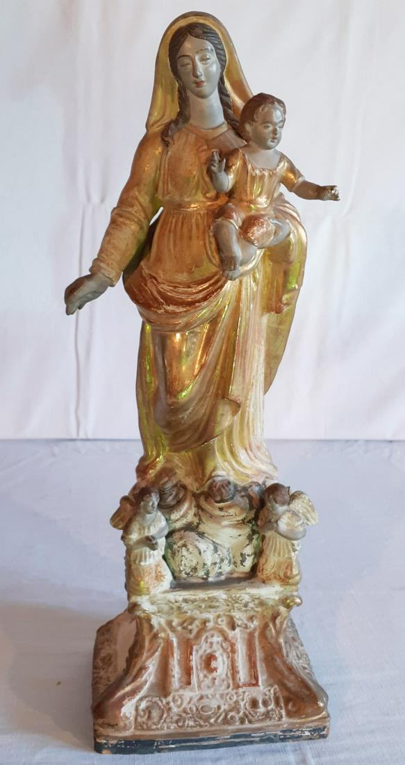 FIGURE OF MADONNA AND CHILD ON PEDESTAL: POLYCHROME WITH GILT PLASTER FIGURE OF MADONNA AND CHILD RESTING ON RAISED PEDESTAL WITH ANGELS ATTENDING; 20"H