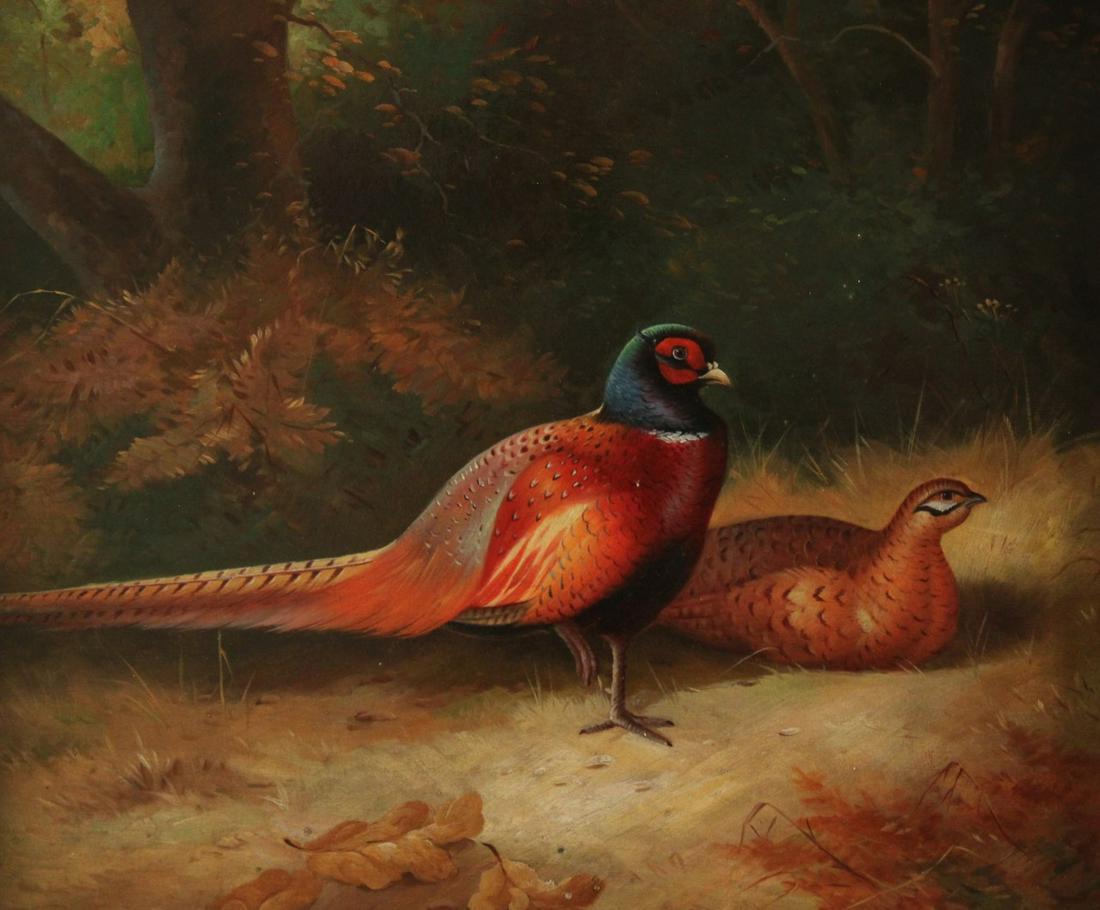 BAROQUE FRAMED OIL ON CANVAS PAINTING ON 2 PHEASANTS (1 of 3)