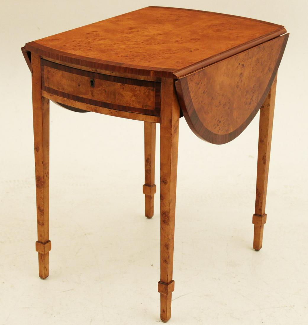 MAPPA BURL AND ROSEWOOD BANDED PEMBROKE TABLE: CUSTOM MAPPA BURL AND SANTOS ROSEWOOD BANDED HEPPLEWHITE STYLE BOW END PEMBROKE TABLE HAVING ONE DRAWER RESTING ON TAPERD LEGS WITH ANKLE BRACELETS; SCOTT THOMAS COLLECTION; 31"H X 20"W X 28.75"D
