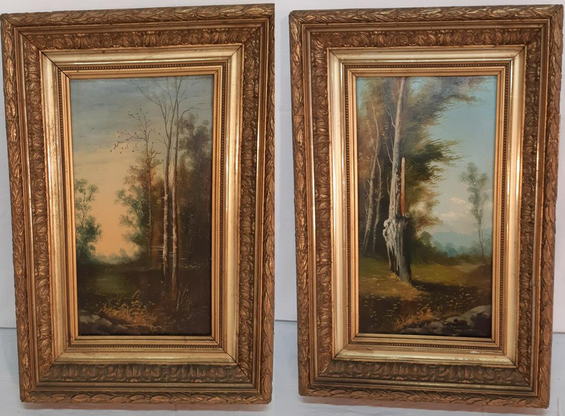 PR. OF GILTWOOD FRAMED OIL ON BOARD LANDSCAPE: PAIR OF GOLD GILTWOOD FRAMED OIL ON BOARD LANDSCAPE WITH RIVER BIRCH WOOD TREES, 1ST HALF 20TH C.; 19"H X 13"W OVERALL