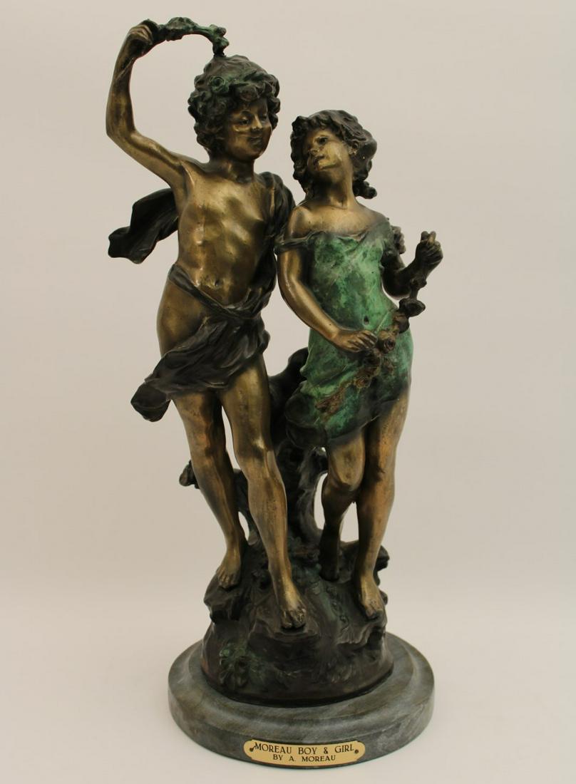 20" POLYCHROME BRONZE FIGURE OF YOUNG BOY AND GIRL: 20" POLYCHROME BRONZE FIGURE OF YOUNG BOY AND GIRL ON GRAY MARBLE STAND, AFTER A MODEL BY MOREAU