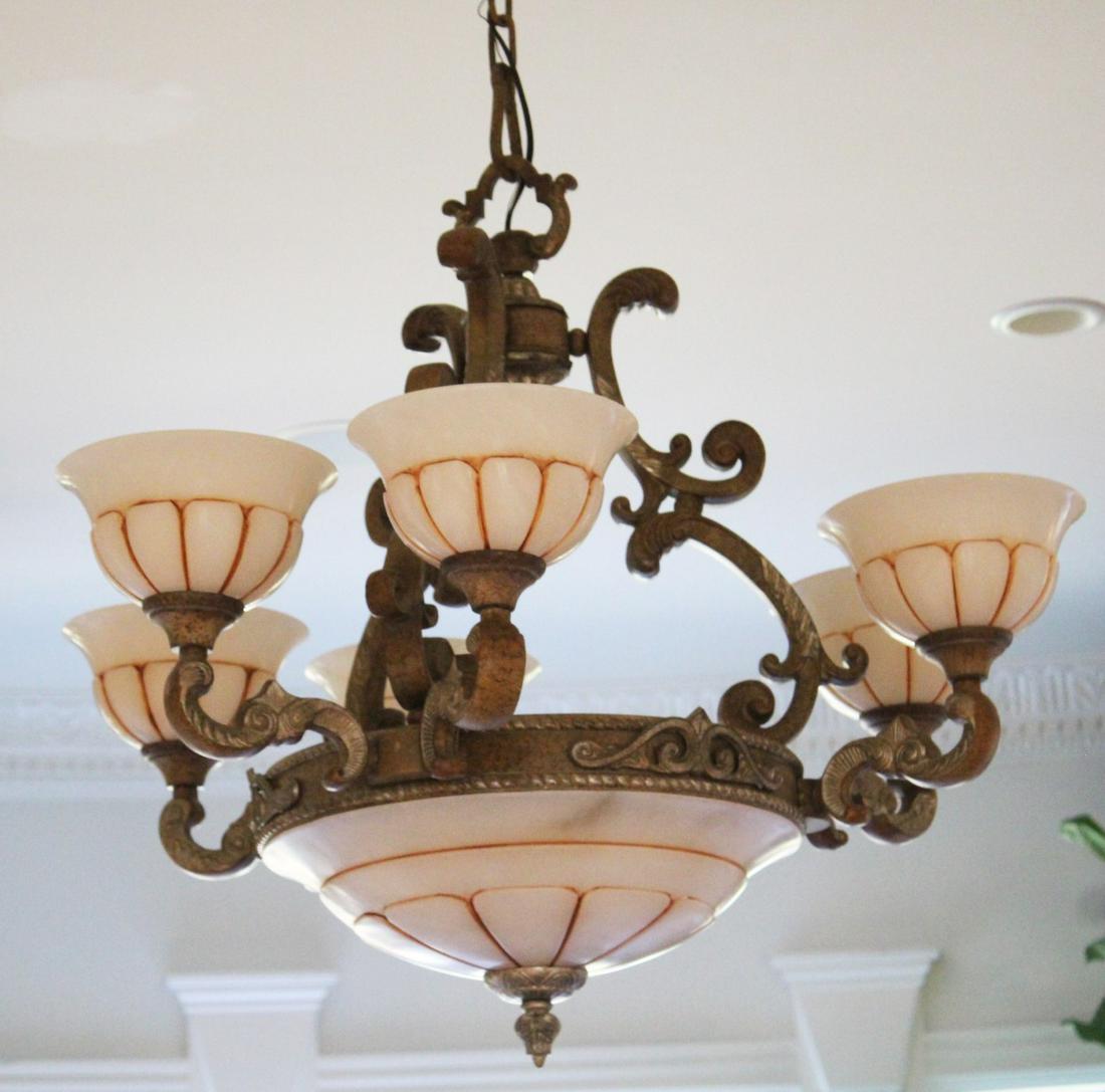 POLYCHROME METAL AND SILVER LEAF 6 LIGHT CHANDELIER (1 of 2)