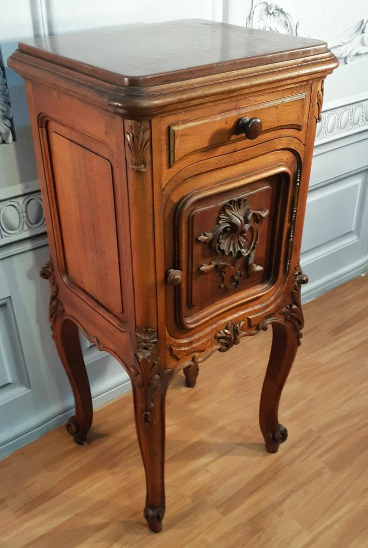 LOUIS XV STYLE CARVED WALNUT MARBLE TOP CHEVET (1 of 4)