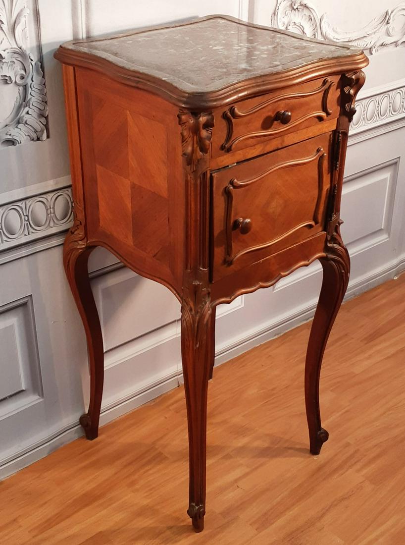 LOUIS XV STYLE CARVED WALNUT MARBLE TOP CHEVET (1 of 4)