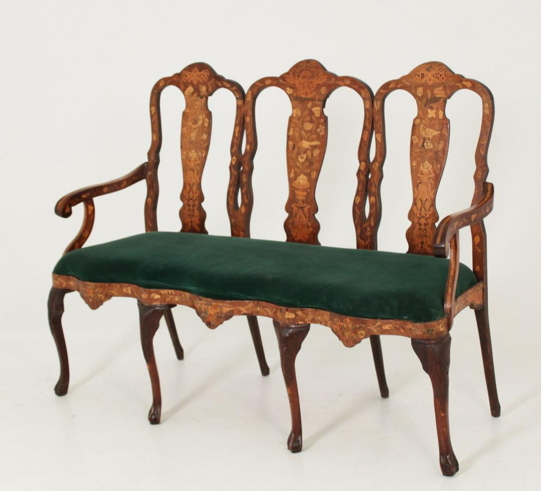 Marquetry inlaid triple back settee: QUEEN ANNE DUTCH MARQUETRY INLAID TRIPLE BACK SETTEE, 19TH C.; 45"H X 64"W X 24"D