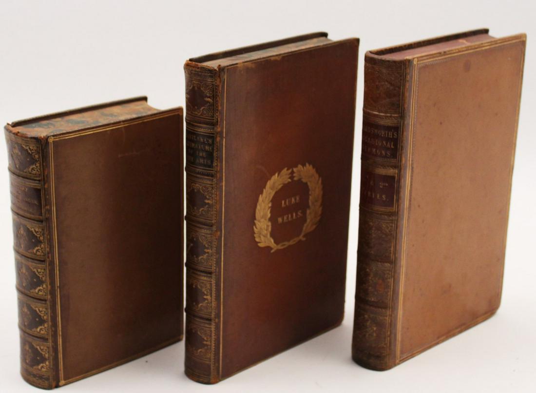 3 ANTIQUE LEATHER BOUND BOOKS: GROUP OF 3 VERY FINE ANTIQUE LEATHER BOUND BOOKS, ALL WITH MARBELIZED FORE-EDGE; TITLES INCLUDE "HISTORY OF BRITISH INDIA" BY MACFARLANE 1866; "EASTLAKE LITERATURE OF THE FINE ARTS" BY CHARLES LOCK EA