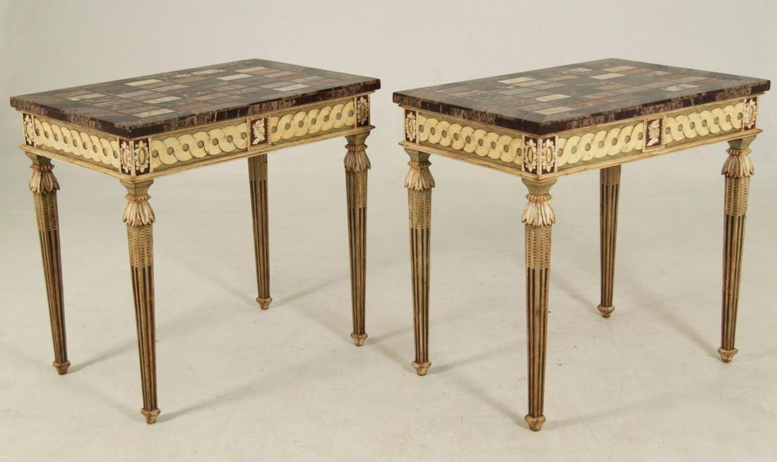 PR OF PIETRA DURA MARBLE TOP CONSOLE TABLES 19TH C.: PAIR OF CONTINENTAL (ITALIAN?) POLYCHROME CONSOLE TABLES WITH PIETRA DURA MARBLE TOPS RESTING ON FLUTED TAPERD LEGS, 19TH C; 32"H X 33"W X 22"D