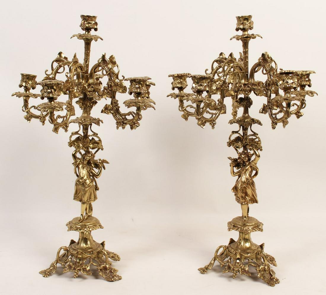 PR. OF FRENCH BRONZE 6 LIGHT FIGURAL CANDELABRA: PAIR OF FRENCH POLISHED BRONZE 6 LIGHT CANDELABRA HAVING SURMOUNTS OF YOUNG LADIES HOLDING DOVES; 20"H