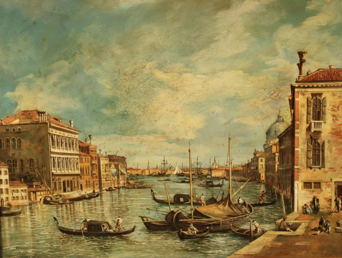 SIGNED VENICE SCENE O/C PAINTING IN STYLE OF CANALETTO: DECORATIVE WELL-EXECUTED VENICE SCENE OIL ON CANVAS PAINTING IN THE STYLE OF CANALETTO SIGNED LOWER LEFT M. PRETI, IN CARVED GILT BAROQUE FRAME; 23"H X 31"W IMAGE, 36"H X 43.5"W OVERALL; CONDITION: SC