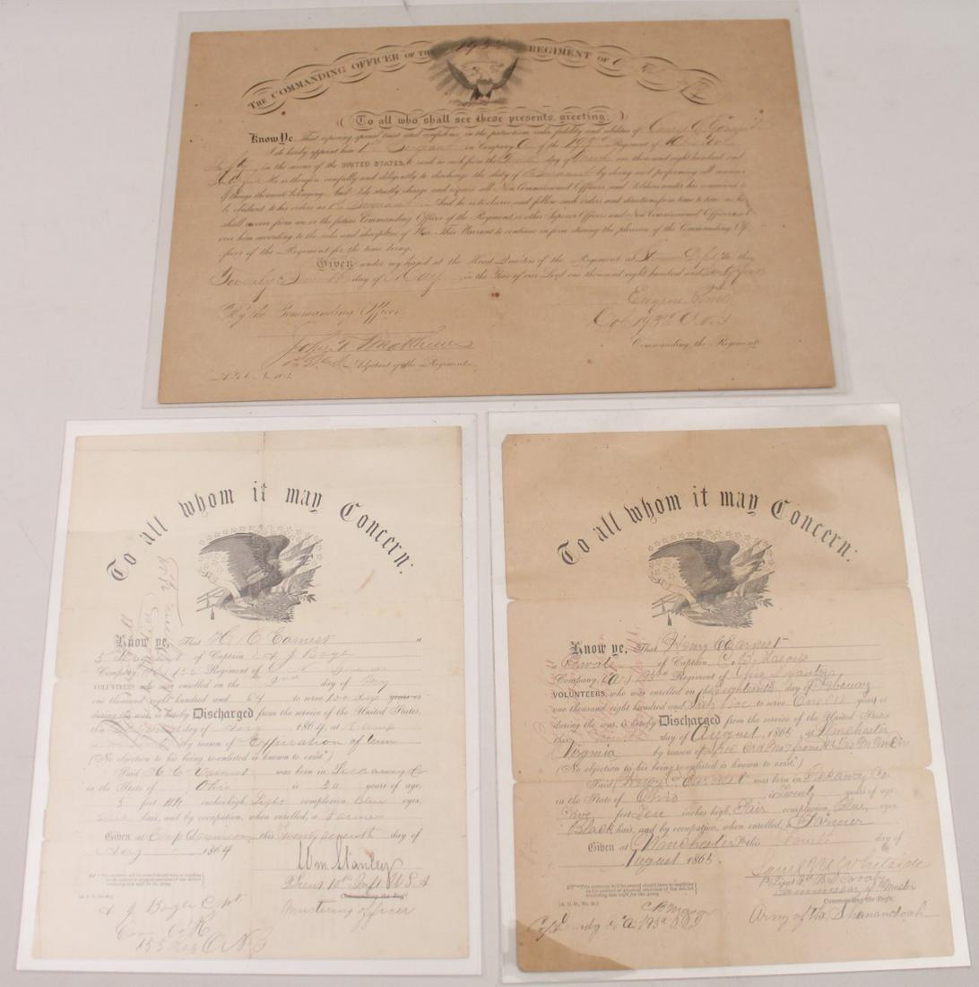 3 MISC. CIVIL WAR PERIOD DOCUMENTS: 3 MISC. CIVIL WAR PERIOD DOCUMENTS; TWO TITLED "TO WHOM IT MAY CONCERN", A DISCHARGE LETTER DATED AUGUST 4, 1865 UNDER COMMANDER OF REGIMENT ARMY OF SHANANDOAH; THE OTHER 8/27-1864; ALONG WITH DOCUMEN