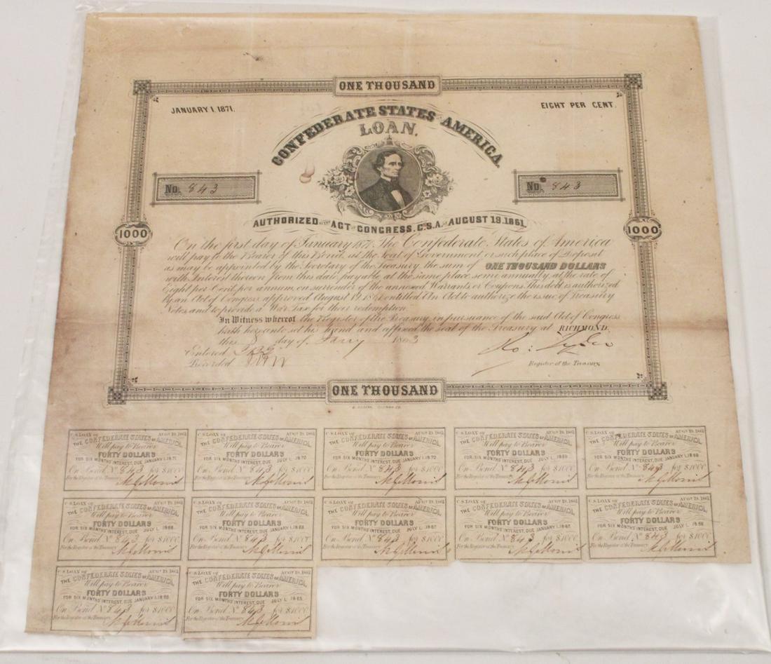 ONE THOUSAND DOLLAR CONFEDERATE STATES LOAN PAPER: ONE THOUSAND DOLLAR CONFEDERATE STATES LOAN EIGHT PERCENT, JANUARY 1, 1871, WITH 12 $40 COUPONS