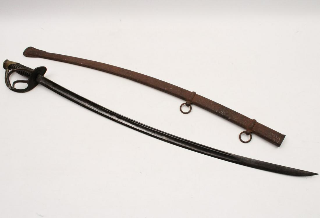 CIVIL WAR UNION SWORD WITH STEEL SCABBARD: CIVIL WAR UNION SWORD WITH STEEL SCABBARD HAVING BLADE STAMP "NJ" (NEW JERSEY?); ALSO DIAMOND SHAPE IMPRESSION SIMILAR TO THAT OF AN ENGLISH REGISTRY STAMP (FADED); FULLER BLACK/BLUE BLADE OPEN BASKET