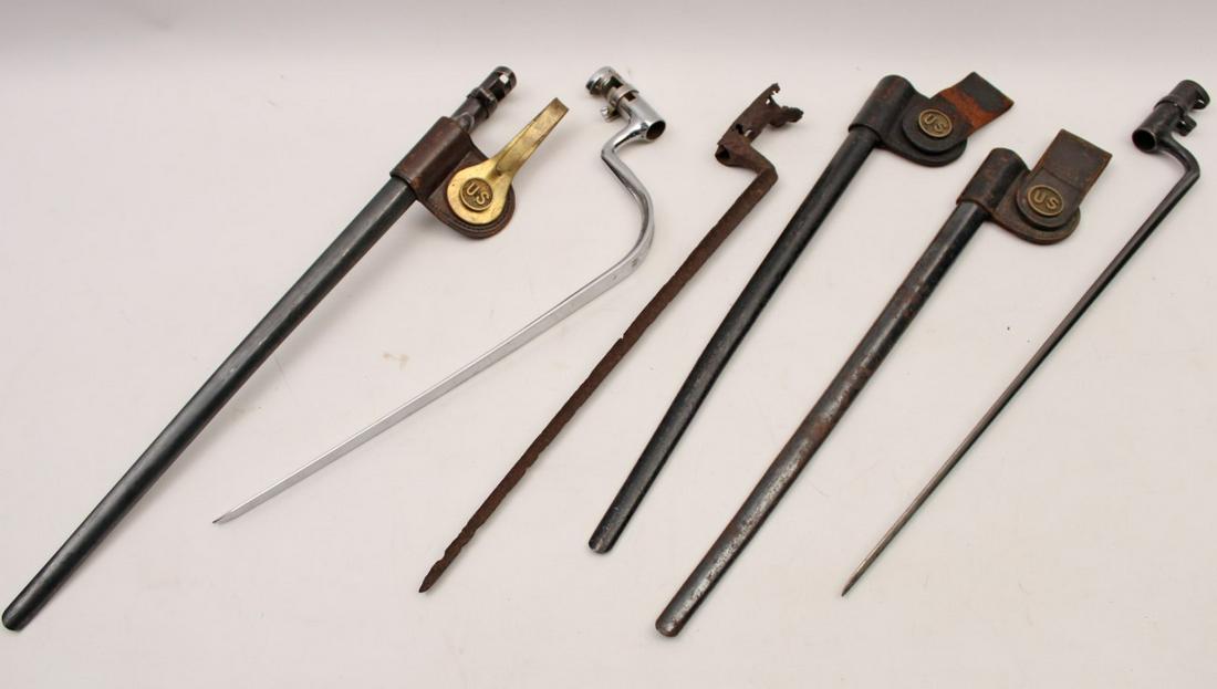 7 PC. LOT OF MOSTLY CIVIL WAR PERIOD RELICS: 7 PIECE MISC. LOT OF MOSTLY CIVIL WAR PERIOD RELICS; THREE U.S. SCABBARDS, 2 WITH LEATHER, THE OTHER WITH A GILT METAL BELT HOOK; TWO U.S. BLACKENED STEEL BLADE BAYONETS; 1 CHROME OR SILVERPLATED U.S.