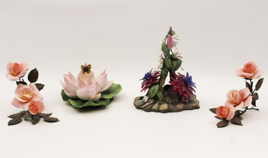 4 PC. MISC. LOT OF BOEHM PORCELAIN: 4 PIECE MISCELLANEOUS LOT OF BOEHM PORCELAIN CONSISTING OF A PAIR OF BOEHM PORCELAIN PINK ROSES ON BRONZE STEMS TITLED "ELIZABETH OF GLAMIS" MADE IN ENGLAND; ALONG WITH 2 BOEHM PORCELAIN FLOWER GROUPI