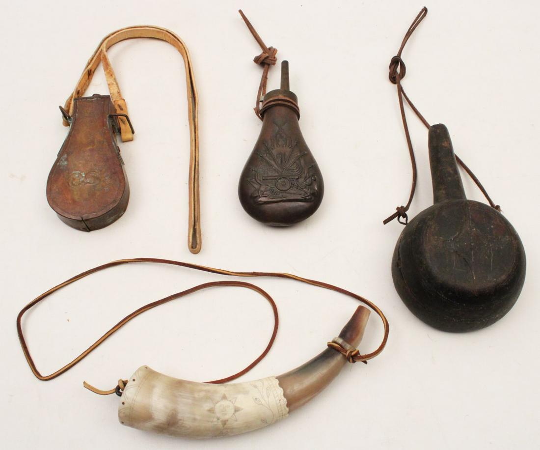 4 VINTAGE CIVIL WAR ERA POWDER HORNS: 4 VINTAGE CIVIL WAR ERA POWDER HORNS INCLUDING CONFEDERATE STATES COPPER MODEL WITH LEATHER STRAP OF LATER DATE; EMBOSSED COFER FLASK SHAPED WITH CROSS RIFLES AND CANNON, ANCHORS; BLACK WOOD BELLOW FO